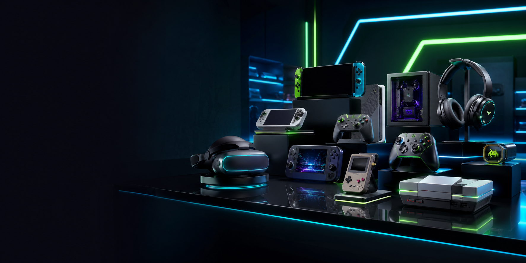 Futuristic display of gaming consoles and gadgets